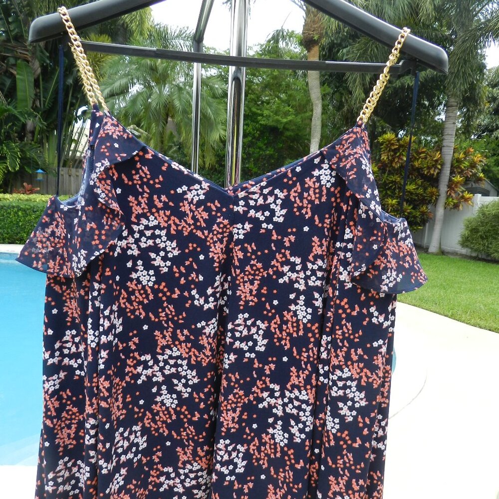 Michael Kors Floral Print Navy Blouse Top Women’s XL Chain Strap Gently Used